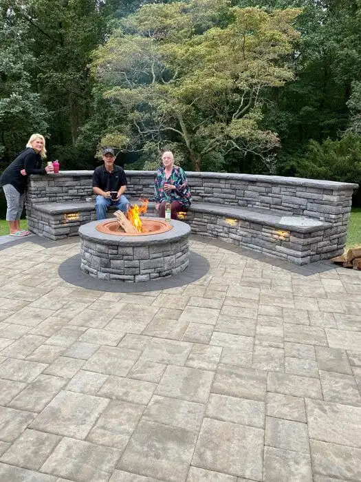 Fire pit curved seat wall paver patio