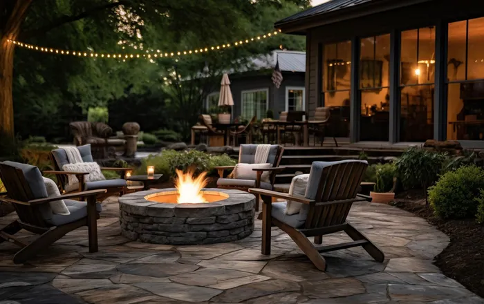 Irregular flagstone patio with a round stone fire pit and string lights after natural stone repair in Annapolis, MD