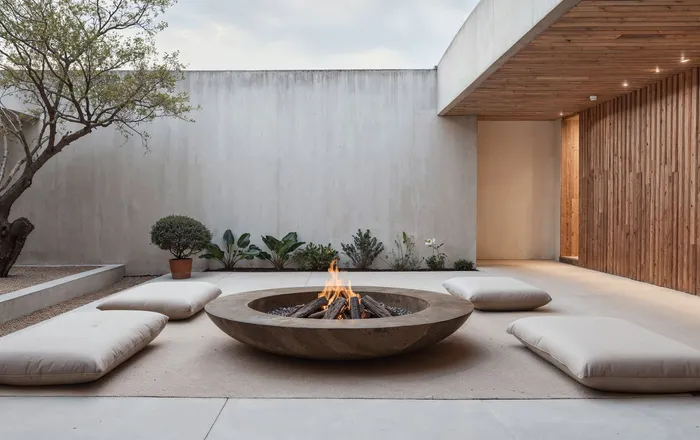 Compact walled courtyard with smooth paving and a low fire bowl after patio repair in Dundalk, MD